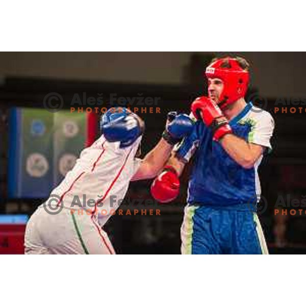 Amir Sinanbegovic of Slovenia fights against Kriztan Jarozkievicz of Hungary during Kickbox European championship, Maribor, Tabor Hall, 21.11.2014
