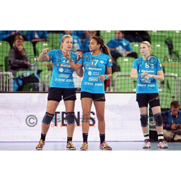 Sanja Gregorc and Elizabeth Omoregie in action during EHF Champions League between Krim Mercator (SLO) and Leipzig (GER) in Stožice Hall, Slovenia on November 21,2014