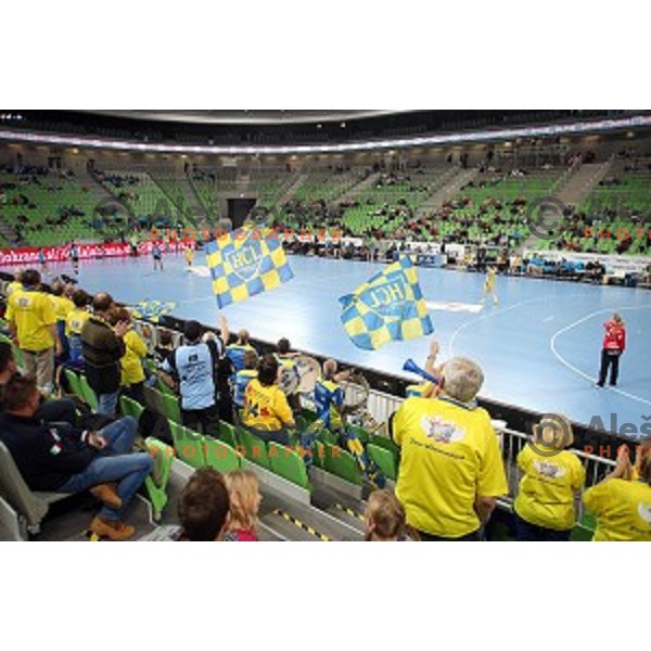 in action during EHF Champions League between Krim Mercator (SLO) and Leipzig (GER) in Stožice Hall, Slovenia on November 21,2014