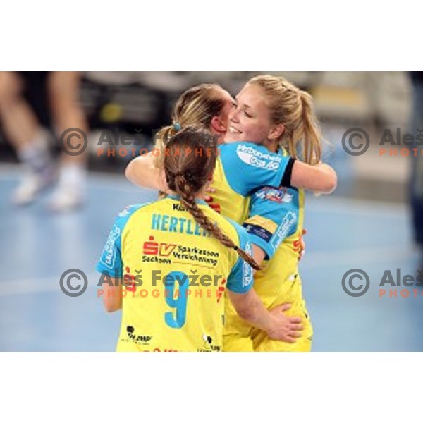 Players of Leipzig celebrate victory at during EHF Champions League between Krim Mercator (SLO) and Leipzig (GER) in Stožice Hall, Slovenia on November 21,2014