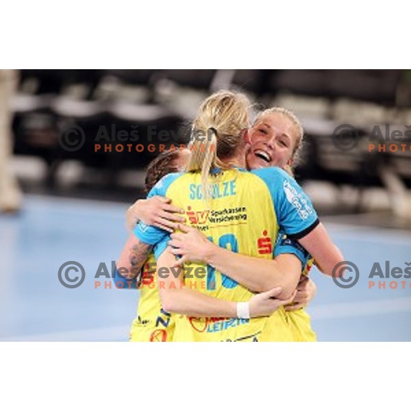 Players of Leipzig celebrate victory at during EHF Champions League between Krim Mercator (SLO) and Leipzig (GER) in Stožice Hall, Slovenia on November 21,2014