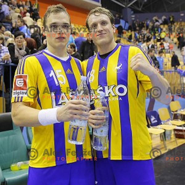 Vid Poteko and David Miklavcic at handball match Celje Pivovarna Lasko-Rhein Neckar Lowen in EHF Champions league, played in Zlatorog Hall, Celje, Slovenia on November 23, 2014