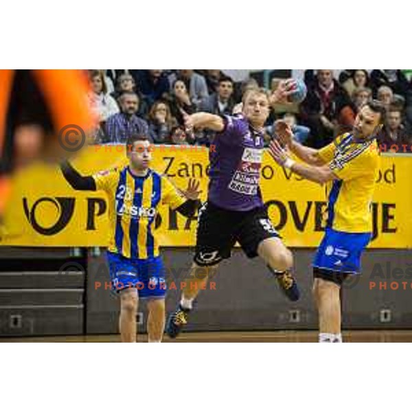 Ziga Mlakar in action during handball match Maribor Branik - Celje pivovarna Lasko, Maribor 3.12.2014, Tabor Hall