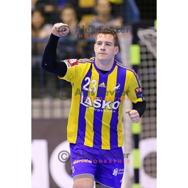 Miha Zarabec in action during handball match Celje Pivovarna Lasko-Montpellier in EHF Men
