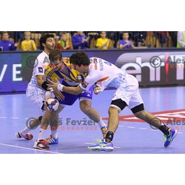 Vid Poteko in action during handball match Celje Pivovarna Lasko-Montpellier in EHF Men