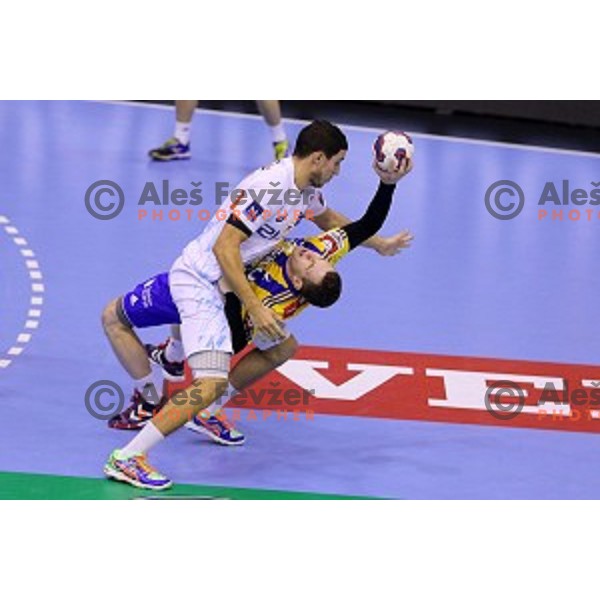 Miha Zarabec in action during handball match Celje Pivovarna Lasko-Montpellier in EHF Men