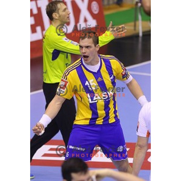 in action during handball match Celje Pivovarna Lasko-Montpellier in EHF Men\'s Champions League, played in Zlatorog Hall, Celje, Slovenia on December 6,2014