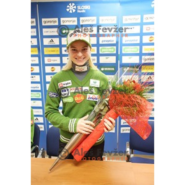 Spela Rogelj, first slovene woman with victory in World Cup Ski jumping event during press conference in Ljubljana, on December 8, 2014