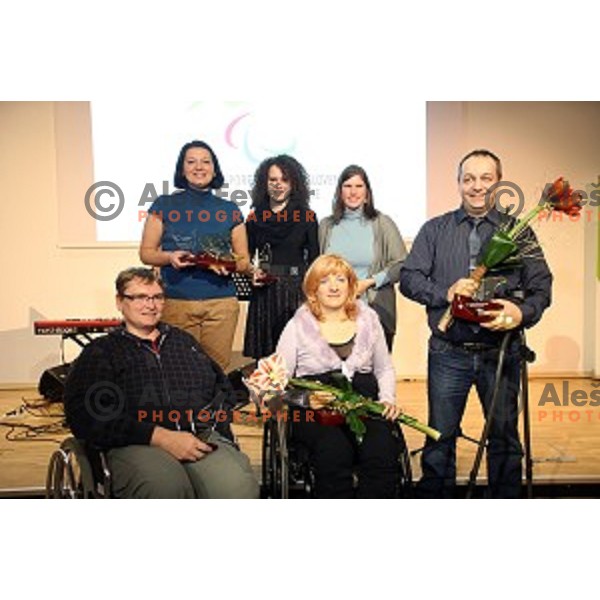 Shooters Damijan Pavlin, Veselka Pevec, Francek Tirsek (front row) and Slovenia seating volleyball team at Disabled Sportsman of the year in Slovenia 2014 event in Austria Trend Hotel, Ljubljana, on December 8, 2014
