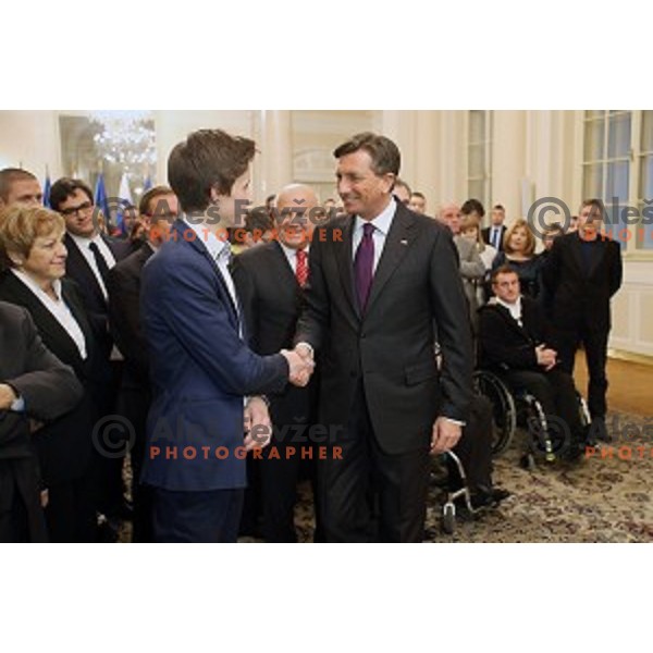 Peter Prevc and Borut Pahor,President of Slovenia during meeting of best Slovenian sportsman and sportswoman before Slovenian sportsman of the year 2014 awards at Gala night in Cankar Hall on December 9, 2014, Ljubljana, Slovenia