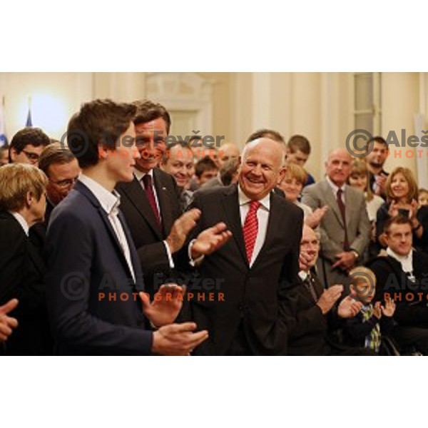 Peter Prevc and Borut Pahor,President of Slovenia and Janez Kocijancic during meeting of best Slovenian sportsman and sportswoman before Slovenian sportsman of the year 2014 awards at Gala night in Cankar Hall on December 9, 2014, Ljubljana, Slovenia