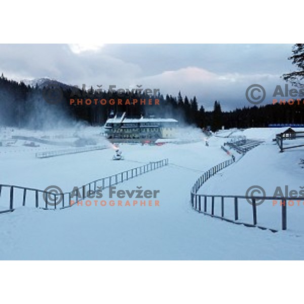 Preparing of snow at Pokljuka Biathlon Center before IBU World Cup Biathlon event, on December 10, 2014