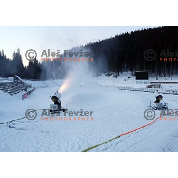 Preparing of snow at Pokljuka Biathlon Center before IBU World Cup Biathlon event, on December 10, 2014