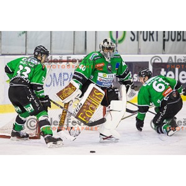 Jure Sotlar, Andy Chiodo and Luka Kalan of Olimpija in action during ice hockey match of 27th round of EBEL League in Season 2014/15 between HDD Telemach Olimpija and SAPA Fehervar AV 19, played in Tivoli Hall, Ljubljana, Slovenia, on December 14, 2014