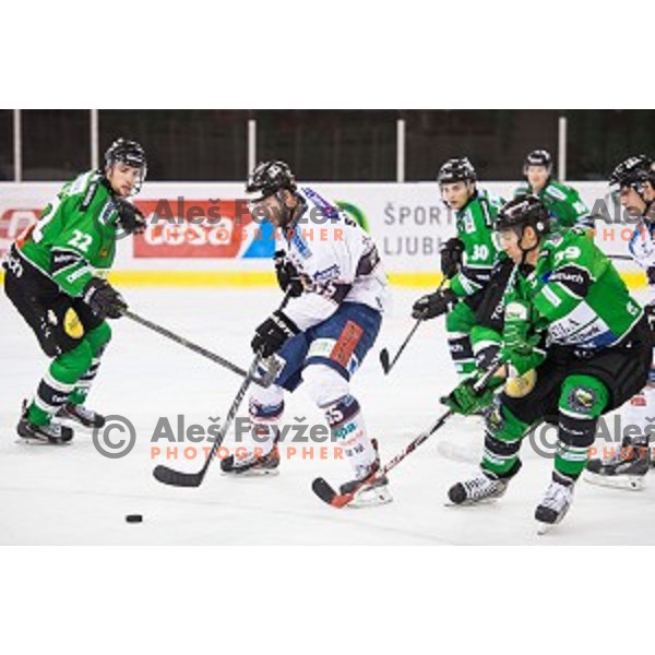 Kyle Medvec of Olimpija, Andrew Sarauer of SAPA Feherva and Anze Ropret of Olimpija in action during ice hockey match of 27th round of EBEL League in Season 2014/15 between HDD Telemach Olimpija and SAPA Fehervar AV 19, played in Tivoli Hall, Ljubljana, Slovenia, on December 14, 2014