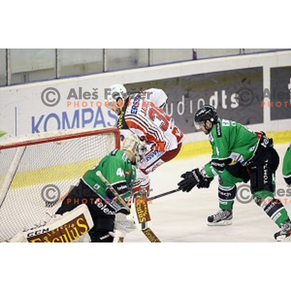 of Telemach Olimpija in action during EBEL League Season 2014/15 ice-hockey match between HDD Telemach Olimpija and KAC, played in Tivoli Hall, Ljubljana, Slovenia, December 16, 2014