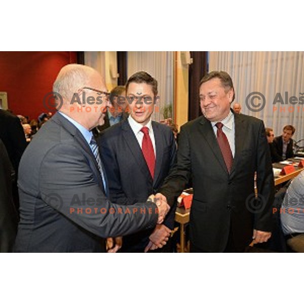 Bogdan Gabrovec, new elected president of Slovenian Olympic Committee , Andraz Vehovar and Zoran Jankovic at General Assembly of OKS in hotel Union, Ljubljana on December 16, 2014