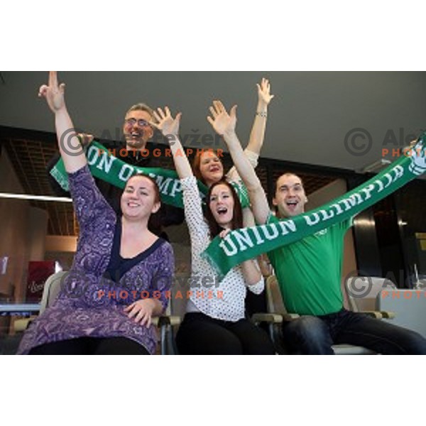 Fans of Union Olimpija in action during EuroCup basketball match between Union Olimpija Ljubljana (SLO) and VEF Riga (LAT), played in Stozice, Ljubljana, Slovenia on December 17, 2014