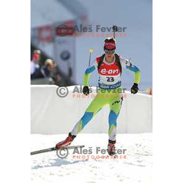Teja Gregorin of Slovenia during BMW IBU World Cup Biathlon women 7.5 km sprint at Pokljuka,Slovenia on December 18, 2014