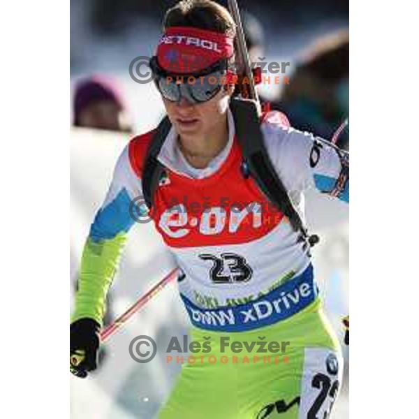 Teja Gregorin of Slovenia during BMW IBU World Cup Biathlon women 7.5 km sprint at Pokljuka,Slovenia on December 18, 2014