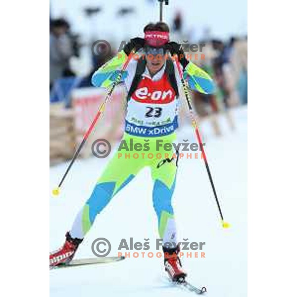 Teja Gregorin of Slovenia during BMW IBU World Cup Biathlon women 7.5 km sprint at Pokljuka,Slovenia on December 18, 2014