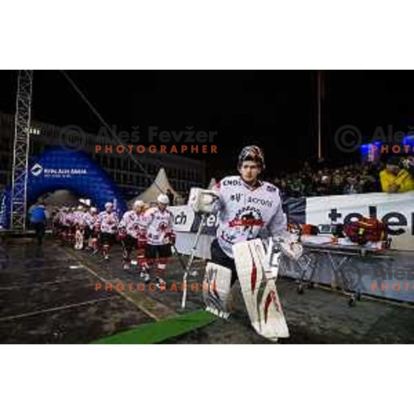 During ice hockey match of Ice Fest HDD Telemach Olimpija vs. SIJ Acroni Jesenice, played in Trg Republike, Ljubljana, Slovenia, on December 18, 2014