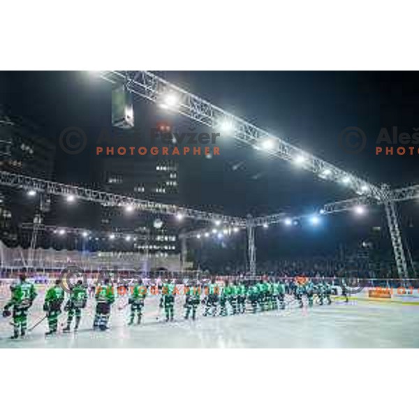 During ice hockey match of Ice Fest HDD Telemach Olimpija vs. SIJ Acroni Jesenice, played in Trg Republike, Ljubljana, Slovenia, on December 18, 2014