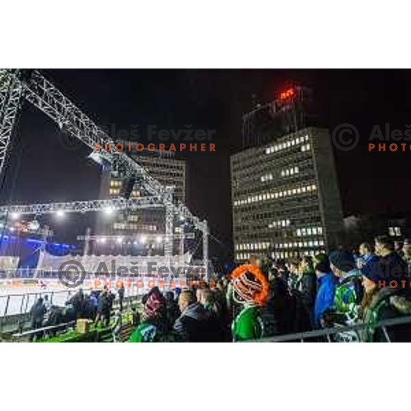 During ice hockey match of Ice Fest HDD Telemach Olimpija vs. SIJ Acroni Jesenice, played in Trg Republike, Ljubljana, Slovenia, on December 18, 2014