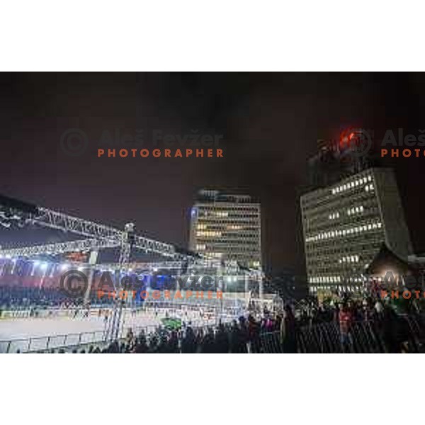 During ice hockey match of Ice Fest HDD Telemach Olimpija vs. SIJ Acroni Jesenice, played in Trg Republike, Ljubljana, Slovenia, on December 18, 2014