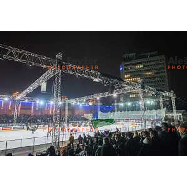 During ice hockey match of Ice Fest HDD Telemach Olimpija vs. SIJ Acroni Jesenice, played in Trg Republike, Ljubljana, Slovenia, on December 18, 2014