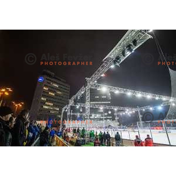 During ice hockey match of Ice Fest HDD Telemach Olimpija vs. SIJ Acroni Jesenice, played in Trg Republike, Ljubljana, Slovenia, on December 18, 2014