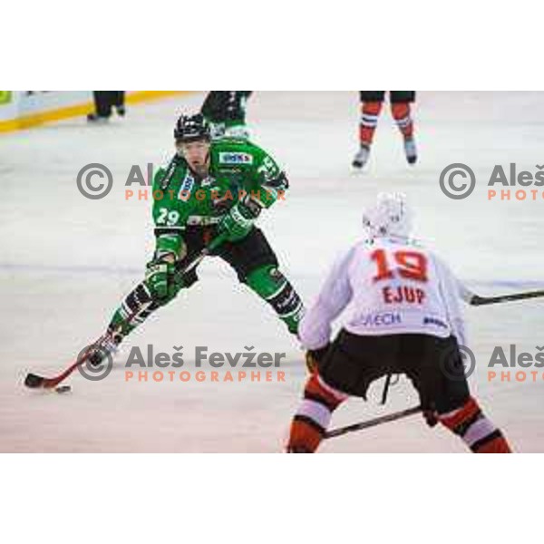 Anze Ropret of Olimpija in action during ice hockey match of Ice Fest HDD Telemach Olimpija vs. SIJ Acroni Jesenice, played in Trg Republike, Ljubljana, Slovenia, on December 18, 2014