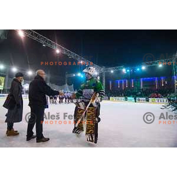 Ales Sila of Olimpija in action during ice hockey match of Ice Fest HDD Telemach Olimpija vs. SIJ Acroni Jesenice, played in Trg Republike, Ljubljana, Slovenia, on December 18, 2014
