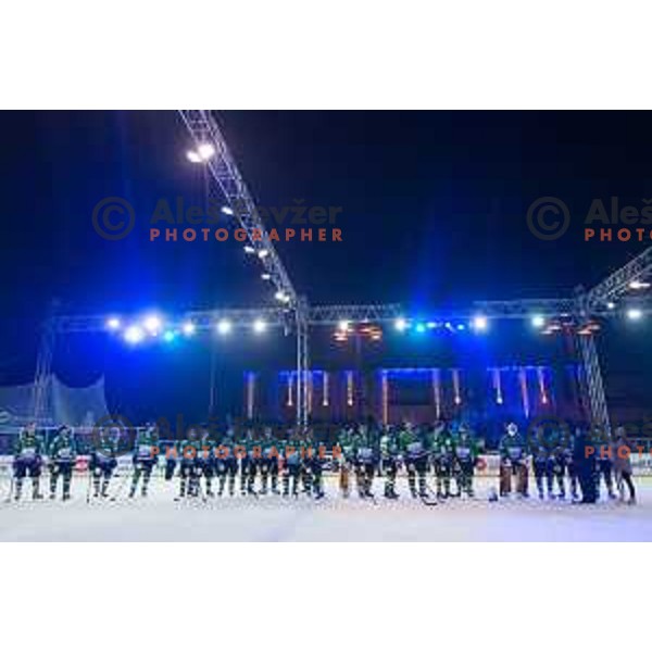 Team Olimpija during ice hockey match of Ice Fest HDD Telemach Olimpija vs. SIJ Acroni Jesenice, played in Trg Republike, Ljubljana, Slovenia, on December 18, 2014