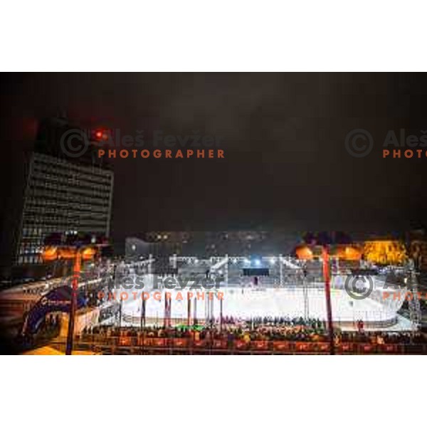 During ice hockey match of Ice Fest HDD Telemach Olimpija vs. SIJ Acroni Jesenice, played in Trg Republike, Ljubljana, Slovenia, on December 18, 2014