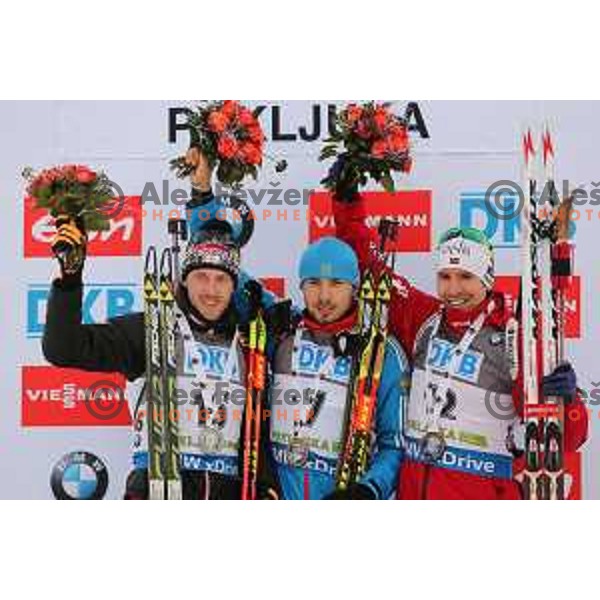 Landertinger (AUT) , Anton Shipulin of Russa, winner of BMW IBU World Cup Biathlon Men 10 km sprint and Svendsen (NOR) at Pokljuka, Slovenia on December 19, 2014