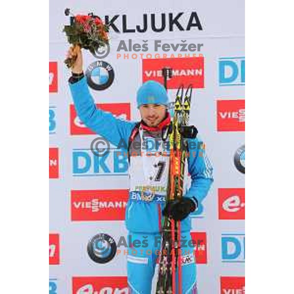Anton Shipulin of Russa, winner of BMW IBU World Cup Biathlon Men 10 km sprint at Pokljuka, Slovenia on December 19, 2014