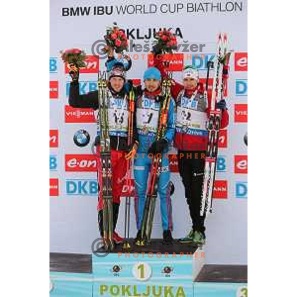 Landertinger (AUT) , Anton Shipulin of Russa, winner of BMW IBU World Cup Biathlon Men 10 km sprint and Svendsen (NOR) at Pokljuka, Slovenia on December 19, 2014