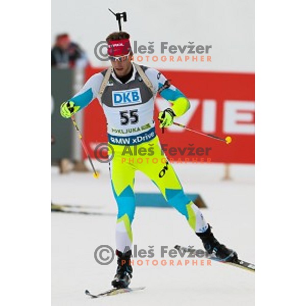 Lenart Oblak during BMW IBU World Cup Biathlon Men 10 km sprint at Pokljuka, Slovenia on December 19, 2014