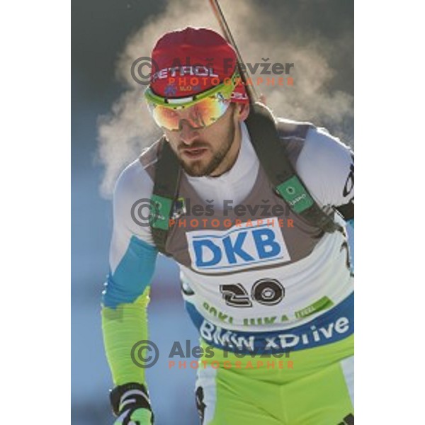 Jakov Fak of Slovenia during BMW IBU World Cup Biathlon Men 10 km sprint at Pokljuka, Slovenia on December 19, 2014