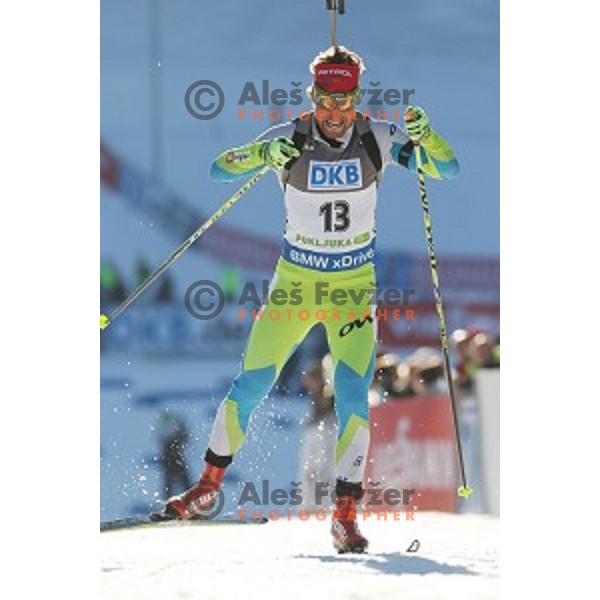 Klemen Bauer of Slovenia during BMW IBU World Cup Biathlon Men 10 km sprint at Pokljuka, Slovenia on December 19, 2014