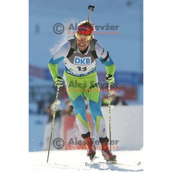 Klemen Bauer of Slovenia during BMW IBU World Cup Biathlon Men 10 km sprint at Pokljuka, Slovenia on December 19, 2014