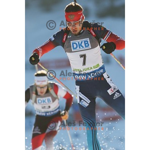 Anton Shipulin of Russa, winner of BMW IBU World Cup Biathlon Men 10 km sprint at Pokljuka, Slovenia on December 19, 2014