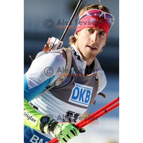 Lenart Oblak during BMW IBU World Cup Biathlon Men 10 km sprint at Pokljuka, Slovenia on December 19, 2014