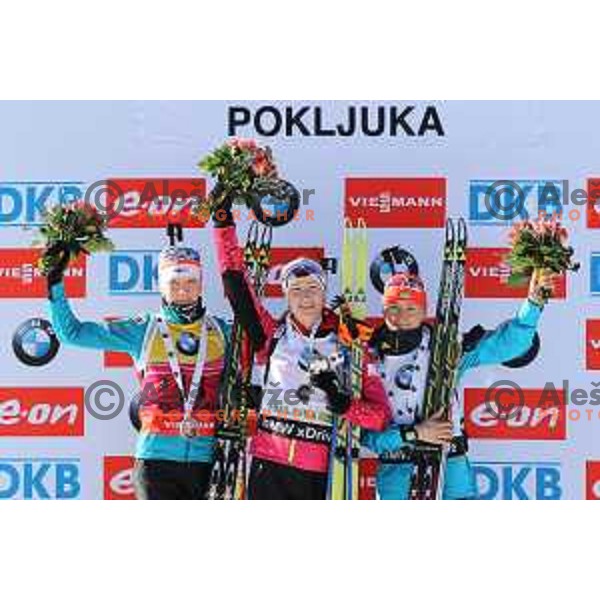 Kaisa Makarainen (FIN), Darya Domracheva (BLR), Valj Semerenko (UKR) during BMW IBU World Cup Biathlon, Women 10km pursuit, Pokljuka, Slovenia, December 20, 2014
