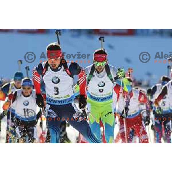 Anton Shipulin (RUS) and Jakov Fak (SLO)during BMW IBU World Cup Biathlon, Men Mass Start 15km, Pokljuka, Slovenia, December 21, 2014 