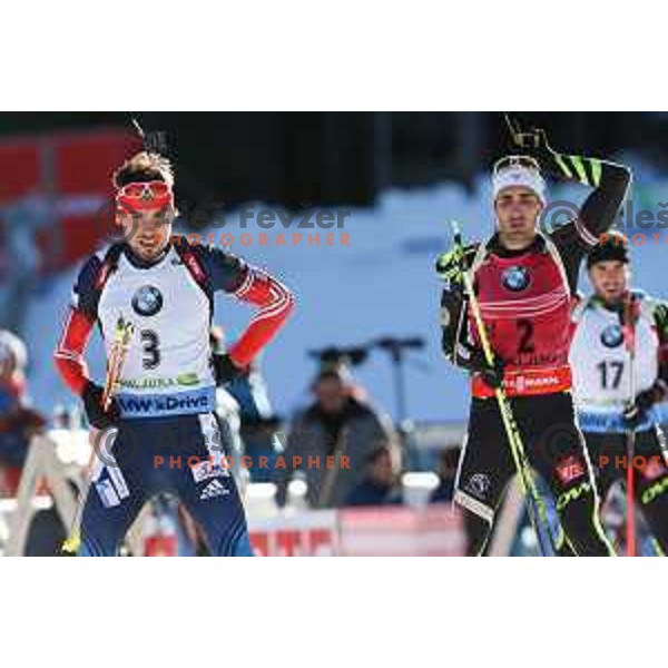 Anton Shipulin (RUS) and Martin Fourcade (FRA) during BMW IBU World Cup Biathlon, Men Mass Start 15km, Pokljuka, Slovenia, December 21, 2014