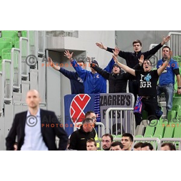 Fans of Cibona in action during ABA league basketball match between Union Olimpija and Cibona , played in Stozice Hall, Ljubljana, Slovenia on December 23, 2014