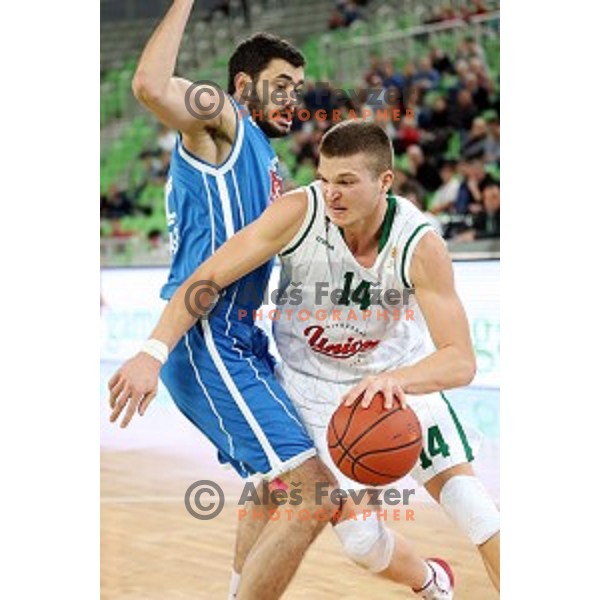 Dino Muric of Union Olimpija in action during ABA league basketball match between Union Olimpija and Cibona , played in Stozice Hall, Ljubljana, Slovenia on December 23, 2014
