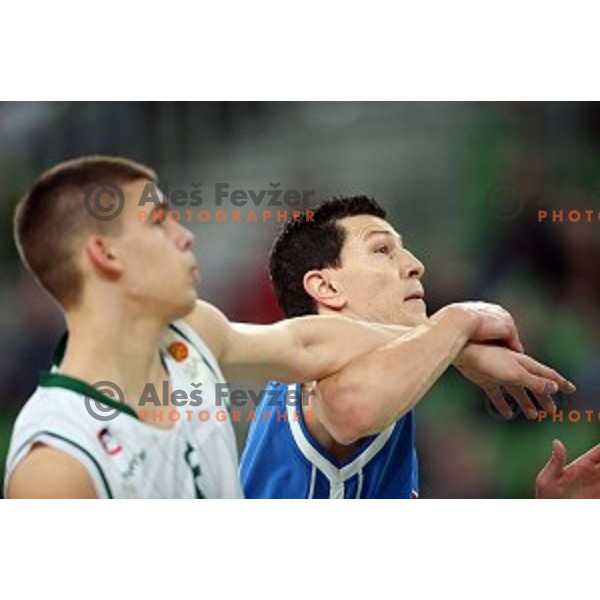 Paolo Marinelli of Union Olimpija and Vlado Ilievski of Cibona in action during ABA league basketball match between Union Olimpija and Cibona , played in Stozice Hall, Ljubljana, Slovenia on December 23, 2014